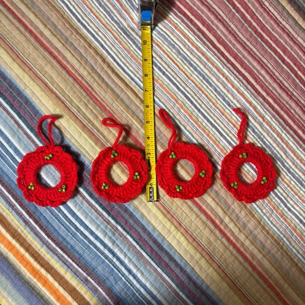 Handmade Crochet Christmas Ornaments Set of 8 Red Wreaths and Glitter Stars